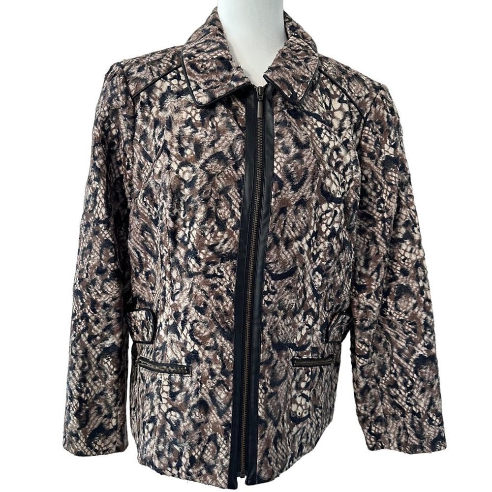Chico’s Faux Fur Jacket Size 2 (L) Black Tan Cheetah Zip Up Animal Print